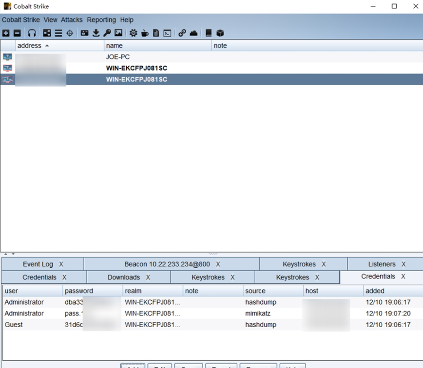 Export the hashes and credential values of the XX campus network using Cobalt Strike (CS)